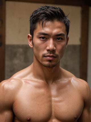 Sultry masculinity embodied: A rugged Japanese man with piercing dome eyes, short hair, and chiseled physique glistens with sweat, radiating health after a intense workout. In an Americano shot portrait, flat colors and sharp focus highlight his impressively chiseled muscles, oiled skin, and alluring texture as he strikes a provocative pose.