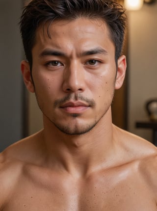 A masterpiece of a poster! In this stunning 8K image, a muscular and hairy Japanese man, with piercing do-me eyes, strikes a pose that exudes sexual provocation. His short hair adds to the allure, as he showcases his impressive physique after a workout, glistening with sweat and oiled skin radiating health. The Americano shot portrait captures every detail in high resolution, featuring flat colors and sharp focus. The Cham22 aesthetic is evident in the exquisite texture and perfect focus on this score_9 masterpiece.