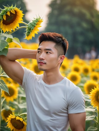multi rows of sunflowers, tall as he waist,
Young chinese man stands tall and smelling the sunflower, his muscular in white t-shirt. He is holding a bouquet of flowers wrapped in paper. His striking eyes, lock intensely camera, while full and pink lips,Stubble,blonde hair, dynamic pose ,Bokeh by F1.4 Lens,soft bokeh bulr