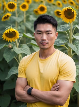 Against the vibrant backdrop of a multi sunflower, a statuesque chinese man farmer stands tall, his muscular in soft yellow t-shirt. He is holding a bouquet of sunflower wrapped in paper. His striking eyes, lock intensely camera, while full and pink lips,Stubble adds a rugged touch to his chiseled features. blonde hair, he exudes confidence in a dynamic pose that seems to defy gravity. The overall atmosphere is one of mystique and intensity. Bokeh by 1.4 Lens 