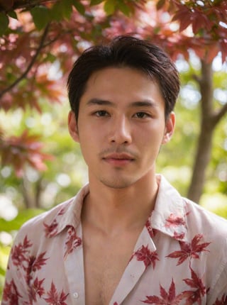 Handsome young man with Korean features, 29 years old, posing in a Japanese  red maple tree, showcasing his physique on 2 pieces unbuttoned shirt, His cheeky, alluring sunlight passes through the gaps in the trees. highlighting his healthy lips,  The Wisteria in front of the model is blurred and has a beautiful softness foreground, sharp men, emphasizing upper body details and strict facial features, Candid Shots captured , focus men,dewy and glistening oiled skin, dramatic face, pointy_teeth, smail,upper_body photography ,Extremely Realistic,sharp:1.4, grisp:1.5,shadow:0.8, Sharp, detailed lips on both the upper and lower sides and clearly visible teeth.