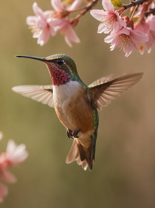 Delicate cherry blossom petals suspended in mid-air, softly swaying in gentle breeze, with warm sunlight casting a subtle glow. Hummingbird's wings beat rapidly as it approaches the camera, iridescent feathers glimmering like precious jewels. Soft-focus blurred background emphasizes tiny subject, while lifelike details and ultra-realistic display bring this intimate moment to vivid life.