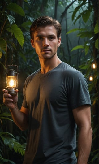 Masterpiece, realistic, lifelike, 1man, side part hairstyle, standing tall at the lush foliage of a dense jungle at night. In medium shot, his face is illuminated by a soft, glistening backdrop, alluring light highlighted his face, The darkness surrounding him , wearing shirt cover t-shirt, scenery, bark night , (( a lot of firefly flying )), (( illuminate )),shining a sparkle light on backdrop, , dynamic pose, lanterns holding next him,(( current Hand fingers)), (( current fingers)),(( high-impact strictly fingers)), (( strict facial features)), (( sharp face)),A torch is installed far away.