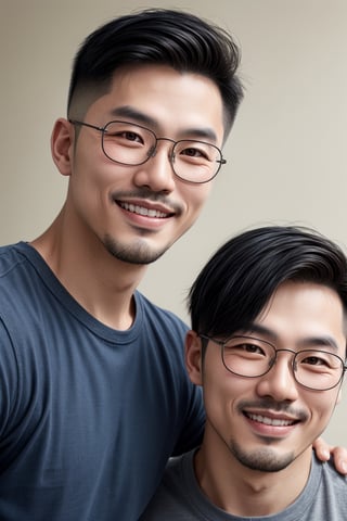 Asian man,handsome ,glasses ,stubble,upper body, muscle ,realistic , smile,undercut hairstyle, light_brown_eyes, 2guys,side by side, friendship,different hair style, different pose, and without glasses 