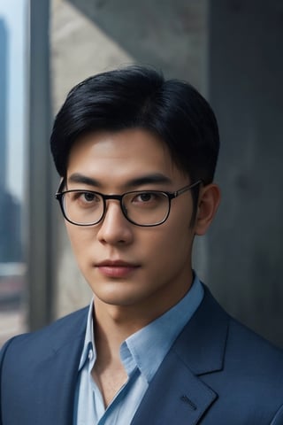 Asian man,handsome ,glasses ,,upper body, muscle ,realistic,  blue shirt, black suit,  focus subject, face grisp rendering 