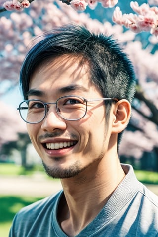 Asian man,handsome ,glasses ,stubble,upper body, muscle ,realistic,vivid, under sakura tree, Bokeh by 1.4 lens, smile,nice tooth,