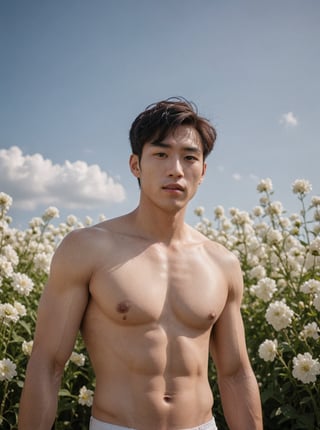 Handsome young man with Korean features, 29 years old, posing in a vast white  flowers field against an endless blue sky horizon. He stands strong, showcasing his toned physique and six-pack abs. His cheeky, mischievous expression is lit by the alluring sunlight, highlighting his healthy lips. Sony A7III captures the scene with precision using the  TTArtisan 100mm F2.8  Soft Bokeh Lens Full Frame ,Wide-Angle,Eye level perspective,emphasizing upper body details and strict facial features,high-impact strictly face detail, lifelike person, extremely realistic,  wearing white latex 