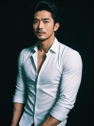 Thai actor man , handsome , stubble, male focus, cinematic glow, Pentax film photography,Muscle, unbuttoned white thin shirt,perfect  proportions, malformed limbs, extremely realistic person, strictly skin texture, strictly face detail,blurred with Star shaped backdrop 