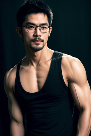 Thai actor man,glasses , handsome , stubble, male focus, cinematic glow, Pentax film photography,Muscle, tank top,perfect  proportions, malformed limbs, extremely realistic person, strictly skin texture, strictly face detail,blurred with Star shaped backdrop 