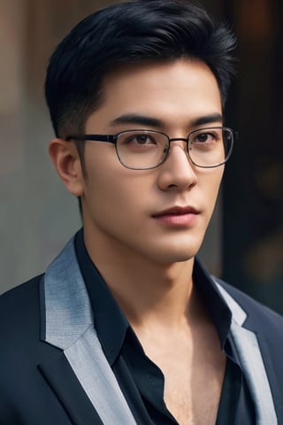 Asian man,handsome ,glasses ,stubble,upper body, muscle ,realistic,  blue shirt, black suit,  focus subject, face grisp rendering 