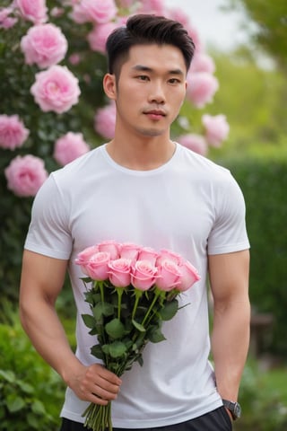 evelyn roses, garden,tall as he waist,
Young chinese man stands tall and smelling the evelyn rose, his muscular in soft pink t-shirt. He is holding a bouquet of flowers wrapped in paper. His striking eyes, lock intensely camera, while full and pink lips,Stubble,blonde hair, dynamic pose ,Bokeh by F1.4 Lens,soft bokeh bulr, man and woman 
