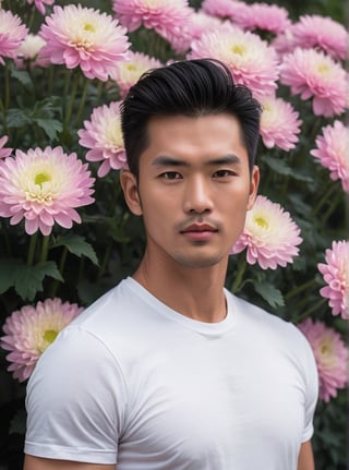 Against the vibrant backdrop of a A multi line of white chrysanthemums((( flower size;16CM.)as tall as your waist, a statuesque chinese man farmer stands tall, his muscular white t-shirt. He is holding a bouquet of chrysanthemums wrapped in paper. His striking eyes, lock intensely onto the camera, while full and pink lips,Stubble adds a rugged touch to his chiseled features. blonde hair, he exudes confidence in a dynamic pose that seems to defy gravity. The overall atmosphere is one of mystique and intensity. Bokeh by 1.4 Lens 