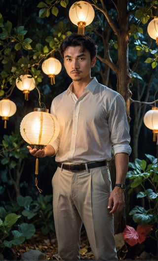 solo, looking at viewer, shirt, black hair, 1boy, holding, white shirt, male focus, outdoors, collared shirt, pants, tree, facial hair, leaf, plant, lantern, realistic, lamp, Hand taking China lantern, strict face features, High-quality detailing, 4K resolution captures,  night deep darkness surrounding him, high-impact strictly face detail 