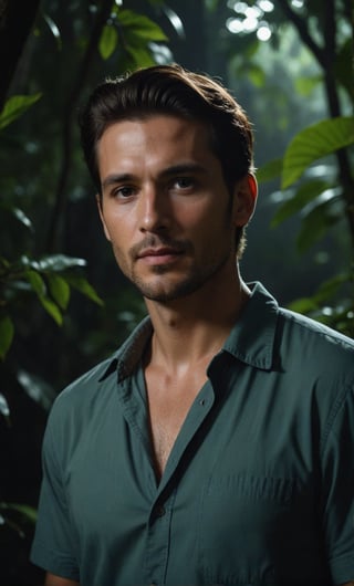 Masterpiece, realistic, lifelike, 1 man, side part hairstyle, standing tall in the lush foliage of a dense jungle at night. In medium shot, his face is illuminated by a soft, glistening, alluring light highlighting his features. The darkness surrounds him, he is wearing a shirt, the night scenery is vivid. It is nighttime, but the model is brightly illuminated. There are lots of fireflies flying around, sparkling brightly, shining bright fireflies, casting a sparkling light on the backdrop. Middle contrast, dynamic face, strict facial features, sharp face.