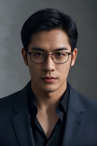 Asian man,handsome ,glasses ,stubble,upper body, muscle ,realistic,  blue shirt, black suit,  focus subject, face grisp rendering ,male_masturbation