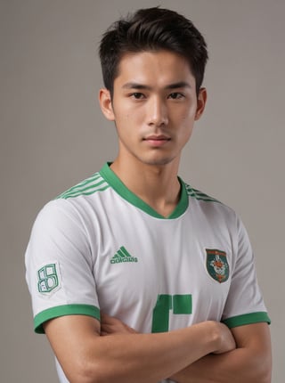 masterpiece, handsome details, perfect focus, 8K  resolution, exquisite texture in every detail, score_9_up

Thai  man , white and green soccer uniform, studio, cool look,  tight uniform 
