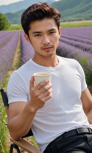solo, looking at viewer, short hair, black hair, 1boy, white shirt, upper body, sae of flower,short sleeves, male focus, an endless deep horizon background, black eyes, lavender, facial hair, realistic Lavender, lavender,Handsome Taiwanese, 

Sit next coffee cup on camping chair with smart pose against the Lavender field backdrop,black pants,

(((High-impact point: performance detailed of fingers ))),
(((fingers, hand fingers)))
((( Men beautiful fingers)))
((( hold a cup fingers posture)))
((( The details of the bending of the fingers in holding the glass are flawlessly reproduced, even down to the fineness of the nails.)))
(((You must be confident that you have space between your fingers.)))
