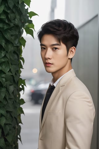 A young Hong Kong man stands tall, exuding a genuine confidence. His dark brown eyes sparkle with a youthful charm, drawing you in. His Ivy League haircut is styled neatly and effortlessly, framing his sharp features. No accessories distract from his natural beauty, allowing you to appreciate the intricate details of his skin.