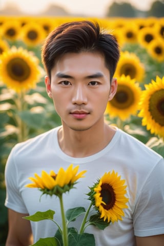 multi rows of sunflowers, tall as he waist,
Young chinese man stands tall and smelling the sunflower, his muscular in white t-shirt. He is holding a bouquet of flowers wrapped in paper. His striking eyes, lock intensely camera, while full and pink lips,Stubble,blonde hair, dynamic pose ,Bokeh by F1.4 Lens,soft bokeh bulr