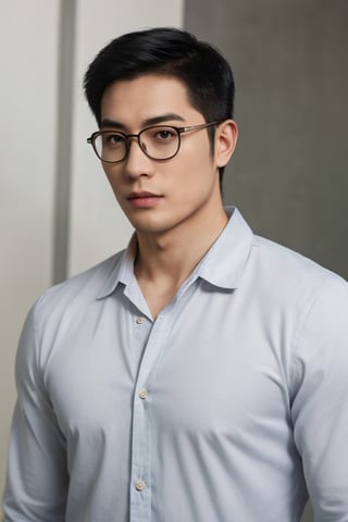 Asian man,handsome ,glasses ,stubble,upper body, muscle ,realistic