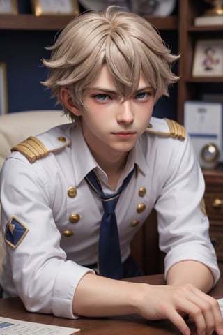 close-up portrait. Intricately detailed, (style of Fate), ((style of Azur Lane)), 1boy, Porcelain Man hair, short curly hair, Porcelain eyes, rolling eyes, sleeping, vintage office, upper body, Porcelain fuzzy uniform 