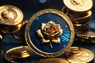 A close-up shot of a shimmering digital gold coin hovering above a sleek, high-tech background. Soft, golden light illuminates the coin from the left, accentuating its intricate design and reflective surface. The camera's focus is sharp on the coin's edges, giving depth to the 3D rendering. A hint of blue undertones in the shadows adds a touch of luxury.,Digital_Madness,FuturEvoLab-lora-mecha,Gold Edged Black Rose