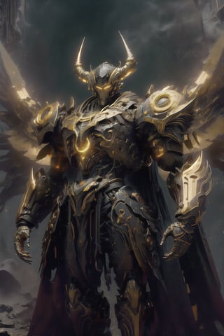 Create image of a futuristic, biomechanical warrior standing majestically. The figure is predominantly ivory and metallic gold with orange-glowing intricate patterns resembling circuitry across the body. Style is detailed and hyper-realistic, textures suggesting both organic and synthetic materials. The warrior's armor is highly ornamental and segmented, comprising layered plate-like structures with curvilinear edges and sharp spikes. The helmet features elongated, horn-like protrusions that arch backwards and taper to fine points, with a V-shaped visor that obscures the eyes, emitting an orange glow. Proportions are heroic, slightly elongated and exaggerated, with broad shoulders and a tapered waist, creating an imposing presence. The armor's design is anatomical, with each piece following the form of the muscles beneath. The background is a deep space scene, predominantly black with soft white star highlights, providing contrast that emphasizes the figure. There are subtle nebulas with faint hints of blue and purple, adding depth but not distracting from the main subject. The foreground focuses on the figure, with no additional elements to challenge the dominance of the warrior. Light sources seem to come from multiple directions, creating dynamic lighting which accentuates the textures and details of the armor, especially the glowing patterns. science fiction, hdr, ray tracing, nvidia rtx, super-resolution, unreal 5, subsurface scattering, pbr texturing, post-processing, anisotropic filtering, depth of field, maximum clarity and sharpness, 