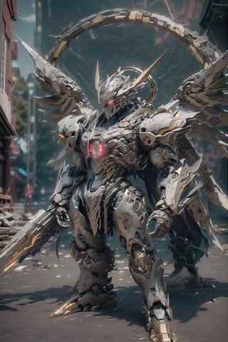 solo, red eyes, holding, weapon, wings, holding weapon, gun, no humans, glowing, halo, robot, building, holding gun, mecha, science fiction, mechanical wings