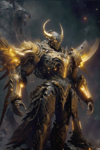 Create image of a futuristic, biomechanical warrior standing majestically. The figure is predominantly ivory and metallic gold with orange-glowing intricate patterns resembling circuitry across the body. Style is detailed and hyper-realistic, textures suggesting both organic and synthetic materials. The warrior's armor is highly ornamental and segmented, comprising layered plate-like structures with curvilinear edges and sharp spikes. The helmet features elongated, horn-like protrusions that arch backwards and taper to fine points, with a V-shaped visor that obscures the eyes, emitting an orange glow. Proportions are heroic, slightly elongated and exaggerated, with broad shoulders and a tapered waist, creating an imposing presence. The armor's design is anatomical, with each piece following the form of the muscles beneath. The background is a deep space scene, predominantly black with soft white star highlights, providing contrast that emphasizes the figure. There are subtle nebulas with faint hints of blue and purple, adding depth but not distracting from the main subject. The foreground focuses on the figure, with no additional elements to challenge the dominance of the warrior. Light sources seem to come from multiple directions, creating dynamic lighting which accentuates the textures and details of the armor, especially the glowing patterns. science fiction, hdr, ray tracing, nvidia rtx, super-resolution, unreal 5, subsurface scattering, pbr texturing, post-processing, anisotropic filtering, depth of field, maximum clarity and sharpness, 