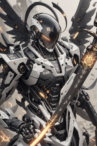 mecha, robot, no_humans, weapon, holding, sword, solo, wings, holding_weapon, mechanical_wings, beam_saber, v-fin, holding_sword, dual_wielding, science_fiction, grey_background, energy_sword, glowing