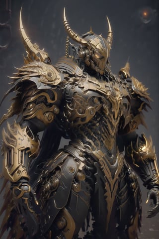 Create image of a futuristic, biomechanical warrior standing majestically. The figure is predominantly ivory and metallic silver with orange-glowing intricate patterns resembling circuitry across the body. Style is detailed and hyper-realistic, textures suggesting both organic and synthetic materials. The warrior's armor is highly ornamental and segmented, comprising layered plate-like structures with curvilinear edges and sharp spikes. The helmet features elongated, horn-like protrusions that arch backwards and taper to fine points, with a V-shaped visor that obscures the eyes, emitting an orange glow. Proportions are heroic, slightly elongated and exaggerated, with broad shoulders and a tapered waist, creating an imposing presence. The armor's design is anatomical, with each piece following the form of the muscles beneath. The background is a deep space scene, predominantly black with soft white star highlights, providing contrast that emphasizes the figure. There are subtle nebulas with faint hints of blue and purple, adding depth but not distracting from the main subject. The foreground focuses on the figure, with no additional elements to challenge the dominance of the warrior. Light sources seem to come from multiple directions, creating dynamic lighting which accentuates the textures and details of the armor, especially the glowing patterns.