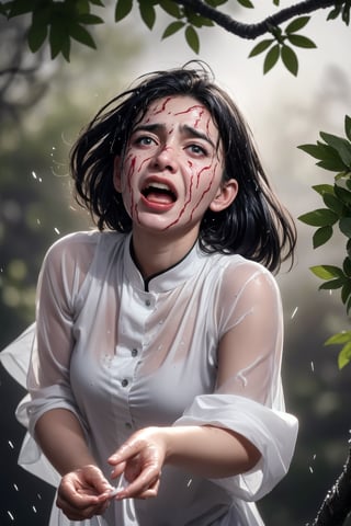 a pretty ghostly pale lady with long wet black hair, wearing loose shredded wet thick thobe with stains & dirts, slipped & sliding down rapidly & hilariously, on wet mossy tree branch, with panic & shouting expression in funny way, emphasising on the funny face expression, in raining scene, in dark gloomy night ambience, in hyper detail realistic images