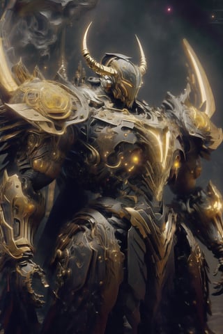 Create image of a futuristic, biomechanical warrior standing majestically. The figure is predominantly ivory and metallic gold with orange-glowing intricate patterns resembling circuitry across the body. Style is detailed and hyper-realistic, textures suggesting both organic and synthetic materials. The warrior's armor is highly ornamental and segmented, comprising layered plate-like structures with curvilinear edges and sharp spikes. The helmet features elongated, horn-like protrusions that arch backwards and taper to fine points, with a V-shaped visor that obscures the eyes, emitting an orange glow. Proportions are heroic, slightly elongated and exaggerated, with broad shoulders and a tapered waist, creating an imposing presence. The armor's design is anatomical, with each piece following the form of the muscles beneath. The background is a deep space scene, predominantly black with soft white star highlights, providing contrast that emphasizes the figure. There are subtle nebulas with faint hints of blue and purple, adding depth but not distracting from the main subject. The foreground focuses on the figure, with no additional elements to challenge the dominance of the warrior. Light sources seem to come from multiple directions, creating dynamic lighting which accentuates the textures and details of the armor, especially the glowing patterns. science fiction, hdr, ray tracing, nvidia rtx, super-resolution, unreal 5, subsurface scattering, pbr texturing, post-processing, anisotropic filtering, depth of field, maximum clarity and sharpness, 