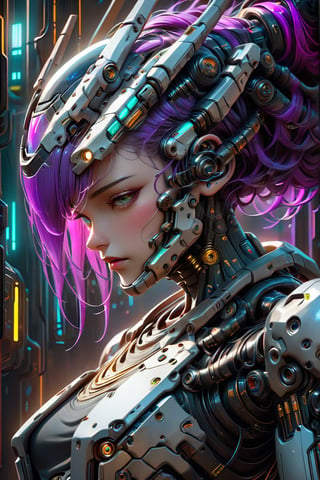 A close-up of a robot wearing a helmet, cyberpunk art by Android Jones, cgsociety, computer art, intricate detail, vibrant colors, neon lighting, futuristic design, high-tech textures, and a metallic finish. The image features a dynamic camera angle with dramatic lighting creating depth and highlighting the robot's detailed surfaces. The color palette includes vivid blues, purples, and greens, contributing to the overall mood of a high-tech, cyberpunk future. Extremely Realistic, Hyper Detailed, Cinematic Lighting Photography capturing every intricate detail, shot on nvidia rtx for realism, showcasing super-resolution and rendered in Unreal 5. Enhanced with subsurface scattering and PBR texturing for a lifelike appearance.