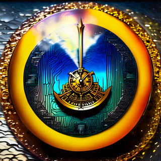 0651984611, Steampunk Clock shaped Badge, between broken glass mirror background old vintage rubbles, clock hand points at 1 o'clock, text on the bottom on the clock, broken chronosphere radiant lights shattered earthquake background with glass rubble text"Anniversary",SteamPunkNoireAI,ste4mpunk,shards,FuturEvoLabBadge,smoke on the water