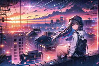 1girl, long hair, short hair, skirt, black hair, long sleeves, 1boy, sitting, outdoors, sky, shoes, pants, cloud, hood, bag, from behind, looking at another, hoodie, night, white footwear, backpack, hood down, building, sneakers, star \(sky\), night sky, scenery, lens flare, starry sky, sunset, city, cityscape, rooftop, city lights, diffraction spikes, skyline