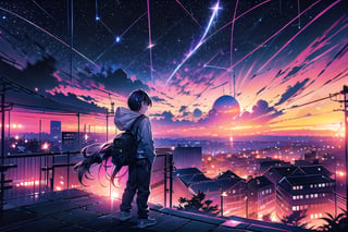 A serene nighttime cityscape scene: a girl with long black hair and short sleeves sits on a rooftop, gazing at the boy standing behind her. He's wearing hood up, backpack strapped to his back, and sneakers. The sky above is a stunning starry canvas, with vibrant hues of sunset lingering. A building's silhouette rises in the distance, its windows twinkling like diamonds against the city lights. A lens flare dances across the frame, as if a shooting star has left a trail. The boy's bag hangs loosely by his side, while the girl's long sleeves billow gently in the evening breeze. The atmosphere is intimate, with the only sound being the distant hum of urban life beneath the breathtaking night sky.