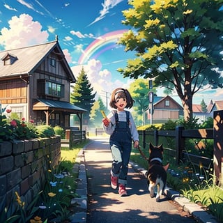 1girl, smile, short hair, open mouth, bangs, black hair, long sleeves, holding, brown eyes, standing, flower, hairband, outdoors, sky, shoes, day, tongue, striped, cloud, bag, tree, blue sky, bell, animal, watermark, cat, grass, building, child, dog, pink footwear, female child, road, bush, overalls, balloon, house, rainbow, lamppost, path