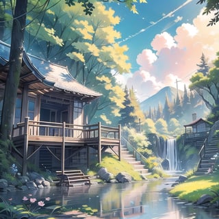 A serene outdoor scene: a delicate flower blooms amidst lush greenery beneath a clear blue sky. A gentle stream flows through the landscape, with a weathered wooden chair and intricately carved bench nestled among the trees. Vibrant grass sways in the breeze, as nearby plants and bushes add depth to the picturesque scenery.