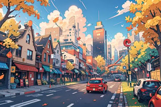 outdoors, sky, day, cloud, tree, blue sky, no humans, leaf, ground vehicle, building, scenery, motor vehicle, city, sign, car, road, cityscape, autumn leaves, lamppost, street, skyscraper, road sign, traffic light, crosswalk