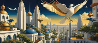 (Futuristic city art), 1920s dream image of the big cities of the future, White marble city with golden details. Art Deco style, (low perspective: 1.2), dark blue sky, (in the style of Winsor McCay: 1.2), Gardens on all roofs and vertical plants, deep colors, Dramatic background. Flying bird like craft, minimal vector, retro, old fashioned, Pompous city, Sculptures