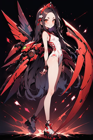  score_9, score_8_up, score_7_up, best quality ,masterpiece, 4k, Japanese anime, (1girl:1.5), black hair, forehead, straight_hair, smallest breasts, eye lashes, eye shadow, thick eyebrows, brown colored eyes, beautiful detailed eyes, evil Smile, red cheek, 130cm tall, original character, fantasy, mechanical wing, black background, beautiful fingers, one-piece , head ribbon , tiara, (full body:1.2), shoot from side, looking at side ,