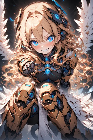 score_9, score_8_up, score_7_up, best quality ,masterpiece, 4k, best quality, extremely detailed, Japanese anime,1girl, blonde hair, inwardly curled hair, (blue eyes:1.5), (beautiful detailed eyes:1.4), grinning , original character, fantasy, (angel wing:1.5), (black background:1.2), Dragon tail, beautiful fingers, standing, ( mechanical armor dress:1.5), (Mechanical headgear:1.5) , Open your legs wide., shoot from front, looking at viewer  ,