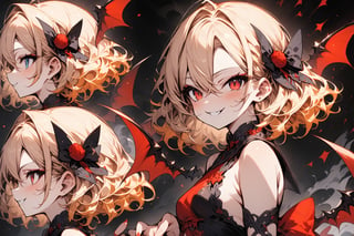  score_9, score_8_up, score_7_up, best quality ,masterpiece, 4k, Japanese anime, (1girl:1.5), white skin, short length hair, blonde hair, curly hair, smallest breasts, eye lashes, eye shadow, red colored eyes, beautiful detailed eyes, evil Smile, red cheek, 130cm tall, original character, fantasy, demon wing, black background, beautiful fingers, blue lace trim , head ribbon ,(full body:1.2), shoot from side, looking at side ,