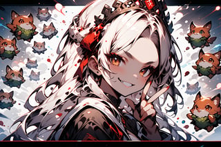  score_9, score_8_up, score_7_up, best quality ,masterpiece, 4k, Japanese anime, (1girl:1.5), white hair, dark skin, forehead, long hair, medium breasts, eye lashes, eye shadow, thick eyebrows, brown colored eyes, beautiful detailed eyes,(smirk:1.5), red cheek, 130cm tall, original character, fantasy, white background, beautiful fingers, Gothic dress , head ribbon , tiara, (full body:1.2), shoot from side, looking at side