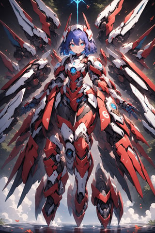 score_9, score_8_up, score_7_up, best quality ,masterpiece, 4k, best quality, extremely detailed, Japanese anime,1girl, iron hair, ( short length hair:1.4), (blue eyes:1.5), (beautiful detailed eyes:1.4), smile , original character, fantasy, (Mechanical wing:1.5), (black background:1.2), (full body:1.2), beautiful fingers, standing, (  mechanical armor dress:1.5), (Mechanical headgear:1.5) , shoot from front, looking at viewer  ,