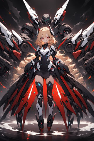 score_9, score_8_up, score_7_up, best quality ,masterpiece, 4k, best quality, extremely detailed, Japanese anime,1girl, darl skin, blonde hair, (medium length hair:1.4), drill hair, red eyes, smallest Brest, (beautiful detailed eyes:1.4), evil smile , original character, fantasy, (Mechanical wing:1.5), (black background:1.2), (full body:1.2), beautiful fingers, standing, (white black mechanical armor dress:1.5), (Mechanical head gear:1.5) , shoot from front, looking at viewer  ,