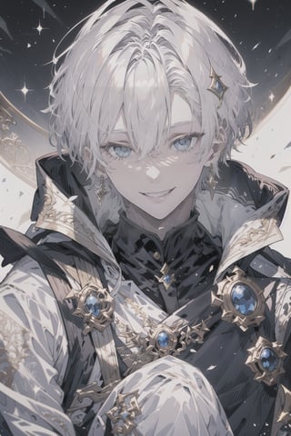 1boy, short hair, white hair, bright lighting, light shining on hair, white background, sitting, prince, blue eyes, pale skin, looking_at_viewer, smiling, grinning, close up, portrait, white royal attire, silver long earpiercing, masterpiece, best quality, amazing quality, white aesthetic, very aesthetic,1guy, masculine, 20 year old