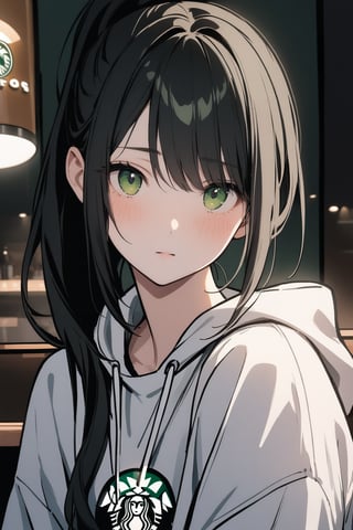 1girl, solo_female, long hair, black hair, ponytail, masterpiece, white sweatshirt, deep green eyes, cold expression, looking_at_the_viewer, wearing white denim shorts, portrait, closeup, tall girl, simple_background, outdoors in a cafe, starbucks, bright lighting, dramatic lighting, beautiful, lineart,txznf, standing