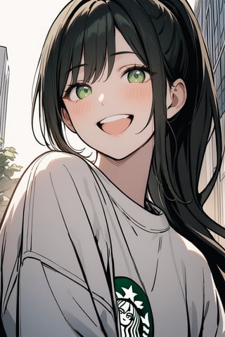 1girl, solo_female, long hair, black hair, ponytail, masterpiece, white sweatshirt, deep green eyes, smiling, happy, laughing, looking_at_the_viewer, wearing white denim shorts, portrait, tall girl, simple_background, outdoors in a city, starbucks, bright lighting, dramatic lighting, beautiful, lineart,txznf, standing